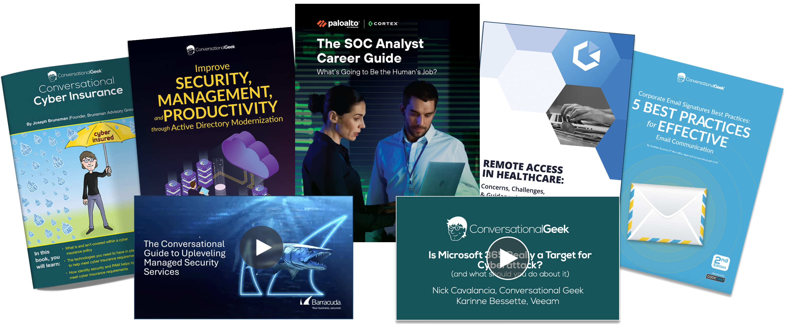Sample content assets produced by Conversational Geek — eBooks, whitepapers, and branded videos